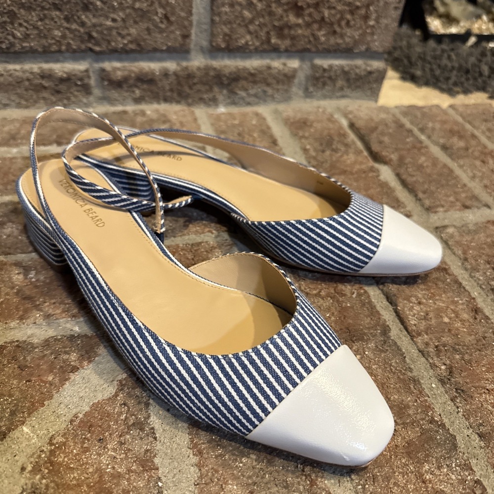 Veronica Beard Cecile Leather Canvas Woman Sz 7 Blue Stripe Slingback #815